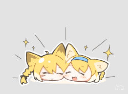  2girls absurdres animal_ears arknights blonde_hair blue_hairband closed_eyes closed_mouth commentary_request fox_ears fox_girl grey_background hairband highres keirono mother_and_daughter multiple_girls open_mouth sparkle suzuran_(arknights) vulpisfoglia_(arknights) 