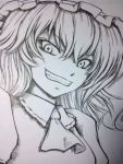  bad_id fangs flandre_scarlet grin hat iroha_(nullpo) monochrome smile solo the_embodiment_of_scarlet_devil touhou traditional_media 