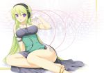  anklet armlet bare_shoulders barefoot breasts female green_hair headphones jewelry large_breasts no_panties open_mouth original purple_eyes sitting smile solo violet_eyes 