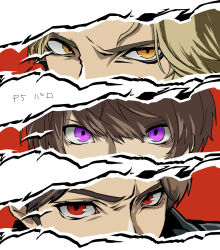  36776_x 3boys absurdres black_jacket blonde_hair brown_hair commentary_request cut-in eye_focus highres inoue_shouma jacket kamen_rider kamen_rider_gavv_(series) karakida_hanto lakia_amarga looking_at_viewer looking_to_the_side male_focus mole mole_under_eye multiple_boys multiple_moles parody persona persona_5 red_eyes style_parody violet_eyes white_background yellow_eyes 