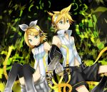  arm_gloves arm_warmers bare_shoulders bass_clef belly blonde_hair brother_and_sister detached_sleeves eiji_(eiji) eroji fingerless_gloves hair_bow hair_ornament hair_ribbon hairclip hand_holding headphones holding_hands kagamine_len kagamine_len_(append) kagamine_rin kagamine_rin_(append) leg_warmers light_smile navel ponytail ribbon short_hair shorts siblings sitting sleeveless smile thighhighs treble_clef twins vest vocaloid vocaloid_append 