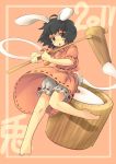  animal_ears barefoot black_eyes bloomers blush_stickers bunny_ears bunny_tail daizu_sanchi feet food inaba_tewi mallet mochi short_hair solo tail touhou wagashi 