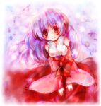  bow breasts detached_sleeves hanyuu higurashi_no_naku_koro_ni horns japanese_clothes long_hair midori-neko miko purple_eyes purple_hair smile solo violet_eyes 