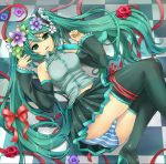  aqua_eyes aqua_hair bad_anatomy blue_door bow detached_sleeves flower hair_bow hair_flower hair_ornament hatsune_miku long_hair necktie panties ribbon solo striped striped_panties thigh-highs thigh_ribbon thighhighs twintails underwear vocaloid 