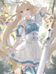  1girl ahoge animal_ear_hairband animal_ears aopix_001 argyle_clothes argyle_thighhighs artoria_caster_(fate) artoria_caster_(swimsuit_berserker)_(fate) artoria_caster_(swimsuit_berserker)_(second_ascension)_(fate) artoria_pendragon_(fate) bare_shoulders blonde_hair blue_dress bow bow_legwear breasts checkered_thighhighs dress dress_bow fake_animal_ears fate/grand_order fate_(series) green_eyes hairband highres long_hair looking_at_viewer puffy_short_sleeves puffy_sleeves rabbit_ears short_sleeves solo striped_clothes striped_thighhighs thigh-highs twintails two-tone_thighhighs vertical-striped_clothes vertical-striped_thighhighs 