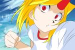  angry battle_moon_wars blonde_hair clouds fist horn hoshiguma_yuugi long_hair looking_at_viewer open_mouth parody pov red_eyes shirt sky slit_pupils solo touhou 