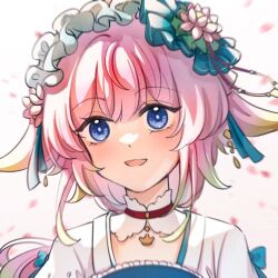  1girl blonde_hair blue_eyes choker colored_tips commission flower gradient_hair grey_hair hair_flaps hair_flower hair_ornament jinan_(warship_girls_r) long_hair looking_at_viewer luhuai87 multicolored_hair official_alternate_costume open_mouth pink_hair portrait smile solo upper_body virtual_youtuber warship_girls_r white_background 