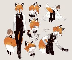  2boys black_vest body_fur brown_background brown_hair card child commentary_request fox_boy furry furry_male glasses grey_eyes holding holding_card male_focus multiple_boys multiple_views newo_(shinra-p) orange_fur orange_hair original playing_card ringed_eyes shirt short_hair simple_background tail translation_request vest white_shirt 