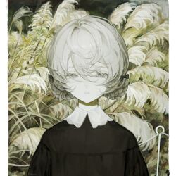  1girl amamanoban bow braid closed_mouth colored_eyelashes eyelashes highres light_smile looking_at_viewer original outdoors pillarboxed reeds solo square upper_body wind yellow_theme 