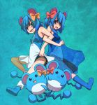  2girls :d back-to-back blue_eyes blue_hair bow casual_one-piece_swimsuit hair_bow kuromiya locked_arms marill moemon multiple_girls one-piece_swimsuit open_mouth personification pokemon pokemon_(creature) see-through short_hair smile swimsuit tail 