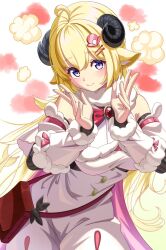  1girl ahoge animal_ears bag blonde_hair blush bow bow-shaped_hair bowtie braid breasts brooch buttons cape closed_mouth detached_sleeves dress fur-trimmed_dress fur-trimmed_sleeves fur_trim hair_ornament hairclip half_up_braid handbag highres hololive horns jewelry large_breasts long_hair looking_at_viewer pink_cape pwgp6_tomato red_bow red_bowtie sheep_ears sheep_girl sheep_horns sleeveless sleeveless_dress smile solo tsunomaki_watame tsunomaki_watame_(1st_costume) underbust very_long_hair violet_eyes virtual_youtuber white_dress 