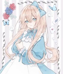  1girl absurdres alice_(alice_in_wonderland) alice_in_wonderland blonde_hair blue_eyes bow bug butterfly card commentary_request dress flower hair_bow highres long_hair long_sleeves looking_at_viewer nail_polish own_hands_together parted_lips pinafore_dress playing_card rose sleeve_bow sleeve_cuffs sleeveless sleeveless_dress smile solo yuni_0205 