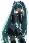  aqua_eyes aqua_hair detached_sleeves hatsune_miku headset highres long_hair necktie simple_background skirt smile solo thigh-highs thighhighs twintails very_long_hair vocaloid yohchi 