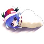 :3 blue_hair chibi food food_as_clothes fruit fur_trim hat hinanawi_tenshi in_container o_o on_side peach sack santa_hat shadow simple_background solo touhou yume_shokunin 