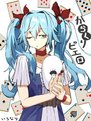  1girl absurdres baba_yu_taka blue_hair bow bracelet card choker clown_mask commentary_request dress green_eyes hair_bow hatsune_miku highres holding holding_mask jewelry karakuri_pierrot_(vocaloid) long_hair looking_to_the_side mask one_eye_closed playing_card short_sleeves solo song_name translation_request twintails vocaloid waist_ribbon 