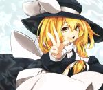  blonde_hair bow hair_bow hands hat kirisame_marisa large_bow long_hair masshigura open_mouth smile solo touhou v witch witch_hat yellow_eyes 