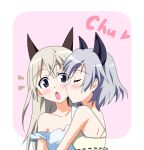  animal_ears blonde_hair blue_eyes blush cheek_kiss closed_eyes eila_ilmatar_juutilainen er34skyline eyes_closed highres kiss long_hair multiple_girls open_mouth sanya_v_litvyak short_hair silver_hair strap_slip strike_witches yuri 