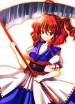  ahoge bad_id belt clear_moon cleavage coin hair_bobbles hair_ornament large_breasts onozuka_komachi red_eyes red_hair redhead scythe short_hair solo touhou twintails 