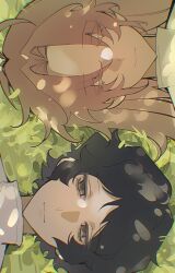  2boys black_hair chinese_commentary chromatic_aberration closed_eyes closed_mouth colored_eyelashes commentary_request curtained_hair eyes_visible_through_hair grey_eyes hatsutori_hajime highres long_hair male_focus multiple_boys on_grass outdoors parted_bangs pink_hair saibou_shinkyoku shirt short_hair smile sputniklover-1 utsugi_noriyuki white_shirt 