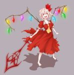  alternate_costume ascot barefoot blonde_hair flandre_scarlet fortis-931 koumajo_densetsu koumajou_densetsu no_hat no_headwear open_mouth polearm red_eyes shadow short_hair short_sleeves side_ponytail simple_background solo spear tongue torn_clothes touhou weapon wings 
