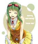 closed_eyes eyes_closed goggles goggles_on_head green_hair gumi hinase_kanoto leaning_forward smile solo vocaloid 