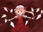  ascot blonde_hair crazy_eyes flandre_scarlet hat mugi_(banban53) open_mouth outstretched_arms red red_eyes short_sleeves side_ponytail skirt solo spread_arms the_embodiment_of_scarlet_devil touhou wings 