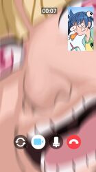  2girls blonde_hair blue_hair claire_volikova close-up hair_ornament highres ji-yoon_(jourd4n) jourd4n motion_blur multiple_girls open_mouth original pink_eyes raglan_sleeves shirt skull_hair_ornament spit_take spitting teeth twintails video_call yellow_shirt 