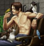  abs armchair bird bird_on_hand brown_hair cat chair cross male matata-cat matataku muscle original shirtless sitting solo topless watch wristwatch young 