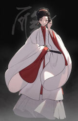  1girl bad_source beizi beizi_(clothing) black_background black_hair brown_eyes chinese_clothes chinese_text earrings folded_fan folding_fan full_body hair_ornament hand_fan hand_up hanfu highres holding holding_fan jewelry long_sleeves looking_at_viewer original pankou robe shuangju solo standing updo wide_sleeves 