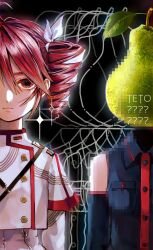 2girls ahoge bag black_background black_shirt black_sleeves bow breast_pocket buttons collared_shirt detached_sleeves drill_hair dual_persona expressionless food fruit fugu_2526 grey_jacket grey_skirt hair_between_eyes hair_bow hair_ribbon highres jacket kasane_teto kasane_teto_(sv) kasane_teto_(utau) layered_sleeves looking_at_viewer multiple_girls musical_staff musical_staff_print pear pearto pocket recurring_image red_eyes red_hair red_trim ribbon shirt shoulder_bag skirt sleeveless sleeveless_shirt straight-on striped_clothes striped_jacket synthesizer_v twin_drills twintails upper_body utau white_bow white_ribbon wing_collar