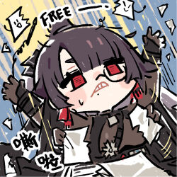  1girl black_hair chibi chibi_only chinese_commentary chinese_text clenched_teeth cui_pi_zha_xia_qiu english_text girls'_frontline_neural_cloud girls_frontline hands_up mole mole_under_mouth monocle nora_(neural_cloud) official_art paperwork red_eyes second-party_source solo tearing_paper teeth 