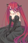  :&lt; alternate_costume alternate_hairstyle bare_shoulders black_dress blush breasts cleavage dress elbow_gloves formal gloves highres hino_(fifi2231) long_hair pink_eyes red_hair shakugan_no_shana shana sitting solo twintails 
