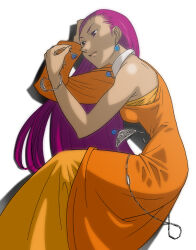  1girl asymmetrical_dress blue_gemstone borrowed_accessory bracelet breasts dark-skinned_female dark_skin dragon_quest dragon_quest_iv dress drop_shadow earrings feet_out_of_frame fingernails from_above full_body gem hair_pulled_back hand_on_own_head holding holding_earrings holding_jewelry jewelry long_dress long_fingernails long_hair long_sleeves looking_at_object lying minea_(dq4) neck_ring no_headwear on_side orange_dress parted_lips purple_hair single_bare_shoulder single_sleeve slime_(dragon_quest) solo sphere_earrings violet_eyes white_background yokoshima_tomoaki 