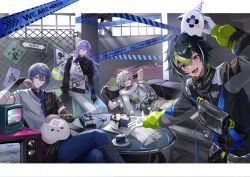  4boys animal_on_head black_gloves black_hair black_jacket blue_eyes blue_hair blue_pants cake cake_slice caution_tape chain-link_fence closed_mouth commentary_request couch crossed_legs dytica_(nijisanji) fence food fork gloves green_eyes green_hair grey_eyes hat head_rest headphones heterochromia highres hoshirube_sho hoshirube_sho_(1st_costume) inami_rai inami_rai_(1st_costume) indoors jacket japanese_clothes koyanagi_rou koyanagi_rou_(1st_costume) letterboxed long_hair looking_at_viewer lying male_focus multicolored_hair multicolored_jacket multiple_boys murakumo_kagetsu murakumo_kagetsu_(1st_costume) nijisanji on_back on_head open_mouth otomo_(hoshirube_sho) pants party_hat plate pora_0918 purple_hair racing_suit red_eyes scarf short_hair sign smile streaked_hair table television toy_car two-tone_jacket upper_body violet_eyes virtual_youtuber warning_sign watakumo_(murakumo_kagetsu) white_gloves white_hair white_jacket white_scarf 