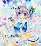  at_classics bell blue_eyes breasts fur_trim hair_ornament holly impossible_clothes impossible_clothing impossible_shirt large_breasts lavender_hair letty_whiterock marker_(medium) midriff navel sack sample scarf shirt short_hair smile snowflakes solo touhou traditional_media 