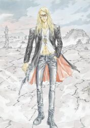  1boy abs architecture arm_at_side black_boots black_jacket blonde_hair boots closed_mouth denim desert fate/grand_order fate_(series) full_body game_cg gun hand_in_pocket holding holding_gun holding_weapon jacket jeans jewelry lace-up_boots long_hair long_sleeves looking_at_viewer male_focus mesoamerican_architecture midriff_peek navel official_art open_clothes open_jacket orange-tinted_eyewear pants parted_bangs partially_unbuttoned pendant round_eyewear shirt sho-u_tajima smile solo standing sunglasses tezcatlipoca_(fate) third-party_source tinted_eyewear toned toned_male two-sided_fabric two-sided_jacket weapon weapon_request white_shirt 