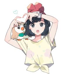  1girl :o atsumi_yoshioka beanie black_hair bracelet commentary_request grey_eyes hands_up hat heart heart_hands jewelry on_shoulder open_mouth pokemon pokemon_(creature) pokemon_on_shoulder pokemon_sm red_hat rowlet selene_(pokemon) shirt short_hair short_sleeves simple_background t-shirt teeth tied_shirt upper_teeth_only white_background yellow_shirt z-ring 