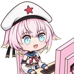  1girl :3 :d beret black_background blonde_hair blue_eyes chair chibi colored_tips computer computer_keyboard detached_sleeves gradient_hair hair_between_eyes hair_flaps hat hat_ornament jinan_(warship_girls_r) monitor multicolored_hair neckerchief open_mouth pink_hair pink_pupils red_star simple_background sitting smile solo star_(symbol) star_hat_ornament warship_girls_r 