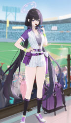  6+girls absurdres ahoge animal_ears arm_up aru_(blue_archive) black_hair black_socks blonde_hair blue_archive chocolate clenched_hand fieryonion food_in_mouth grey_hair grey_sports_bra hair_between_eyes hand_on_own_hip highres hoshino_(blue_archive) long_hair looking_at_viewer maki_(blue_archive) multiple_girls nonomi_(blue_archive) official_alternate_costume official_alternate_hairstyle open_clothes open_shirt pink_hair purple_bag purple_hair red_hair serika_(blue_archive) shiroko_(blue_archive) shirt shoes shorts sidelocks socks solo_focus sports_bra stadium striped_clothes striped_shirt sumire_(blue_archive) sumire_(part-time)_(blue_archive) vertical-striped_clothes vertical-striped_shirt violet_eyes white_shirt white_shoes white_shorts yuuka_(blue_archive) 