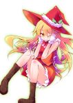  amano_chiharu blonde_hair boots christmas hands_on_cheeks hands_on_own_cheeks hands_on_own_face hat kirisame_marisa long_hair mittens santa_costume smile solo touhou wink witch witch_hat yellow_eyes 