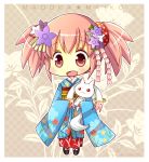  1girl :3 hiyopuko japanese_clothes kimono kyubey mahou_shoujo_madoka_magica open_mouth pink_eyes pink_hair sandals smile solo twintails 