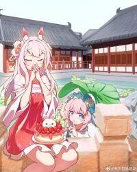  2girls absurdres animal_ear_fluff animal_ears architecture blue_eyes blush braid braided_hair_rings cake changchun_(warship_girls_r) chinese_zodiac closed_eyes closed_mouth dress east_asian_architecture flower food fork fruit hair_bun hair_flower hair_ornament hair_rings highres holding jinan_(warship_girls_r) leaf_umbrella long_hair multiple_girls official_alternate_costume official_alternate_hairstyle own_hands_together pink_hair plate rabbit rabbit_ears red_dress shuangyaji sitting smile strawberry warship_girls_r watermark weibo_username weibo_watermark wide_sleeves wobushi_wujianjian 