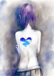  back bare_back bare_shoulders from_behind fujinko heart highres hole_on_body purple_hair short_hair sky solo topless utane_uta utau 