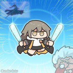  1boy 1girl archer_(fate) artist_name crossover fate/stay_night fate_(series) grey_hair holding holding_sword holding_weapon honkai:_star_rail honkai_(series) kanshou_&amp;_bakuya_(fate) scene_reference signature stelle_(honkai:_star_rail) sword trailblazer_(honkai:_star_rail) twitter_username underdatv weapon white_hair 