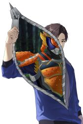  armor belt brown_hair highres kamen_rider kamen_rider_gaim kamen_rider_gaim_(series) kazuraba_kouta long_sleeves male_focus maruta_(rintonosousaku) orange_eyes shirt tokusatsu unzipped weapon zipper zipper_pull_tab 