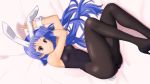  ass bad_id bare_shoulders blue_hair blush bunny_ears bunny_girl bunny_tail bunnysuit cuffs flat_chest highres kannagi legs long_hair looking_at_viewer lying nagi on_side open_mouth pantyhose purple_eyes skin_tight solo tail takahirokun thighs wrist_cuffs 