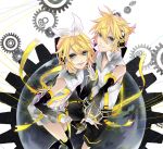  arm_warmers bad_id blonde_hair brother_and_sister detached_sleeves gears hair_ornament hair_ribbon hairclip headphones kagamine_len kagamine_len_(append) kagamine_rin kagamine_rin_(append) kyou_zip navel ribbon short_hair shorts siblings smile twins vocaloid vocaloid_append 