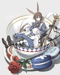  absurdres alice_(alice_in_wonderland) alice_(alice_in_wonderland)_(cosplay) alice_in_wonderland alternate_costume amiya_(arknights) animal_ears apron arknights black_bow black_thighhighs blue_bow blue_dress blue_eyes blush bow box brown_hair brown_shoes checkered_thighhighs closed_mouth cosplay crossed_legs cup dress flower food hair_between_eyes highres holding holding_box kieed long_hair looking_at_viewer macaron pout rabbit_ears rabbit_girl red_flower red_rose revision rose shoes sidelocks striped_clothes striped_thighhighs teacup thigh-highs vertical-striped_clothes vertical-striped_thighhighs white_apron 