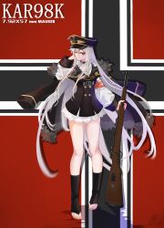  1girl absurdres aiguillette bai_zhi balkenkreuz barefoot belt belt_buckle black_choker bolt_action buckle choker coat cross cross_choker detached_sleeves english_text flag_background fur-trimmed_coat fur_trim german_clothes girls_frontline gun hair_between_eyes hat highres holding holding_gun holding_weapon iron_cross jacket jacket_on_shoulders kar98k_(girls'_frontline) long_hair looking_at_viewer mauser_98 military military_hat one_eye_closed peaked_cap red_eyes rifle shirt signature solo toes very_long_hair weapon white_hair white_shirt wide_sleeves 