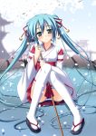  adapted_uniform alternate_costume aqua_hair blush flip-flops green_eyes hair_ornament hatsune_miku highres japanese_clothes long_hair miko panties petals sandals skywaker solo striped striped_panties thigh-highs thighhighs twintails underwear very_long_hair vocaloid water white_legwear white_thighhighs 